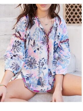 XL euc Johnny Was Workshop Blouse Womens Embroidered Floral Peasant Boho Top